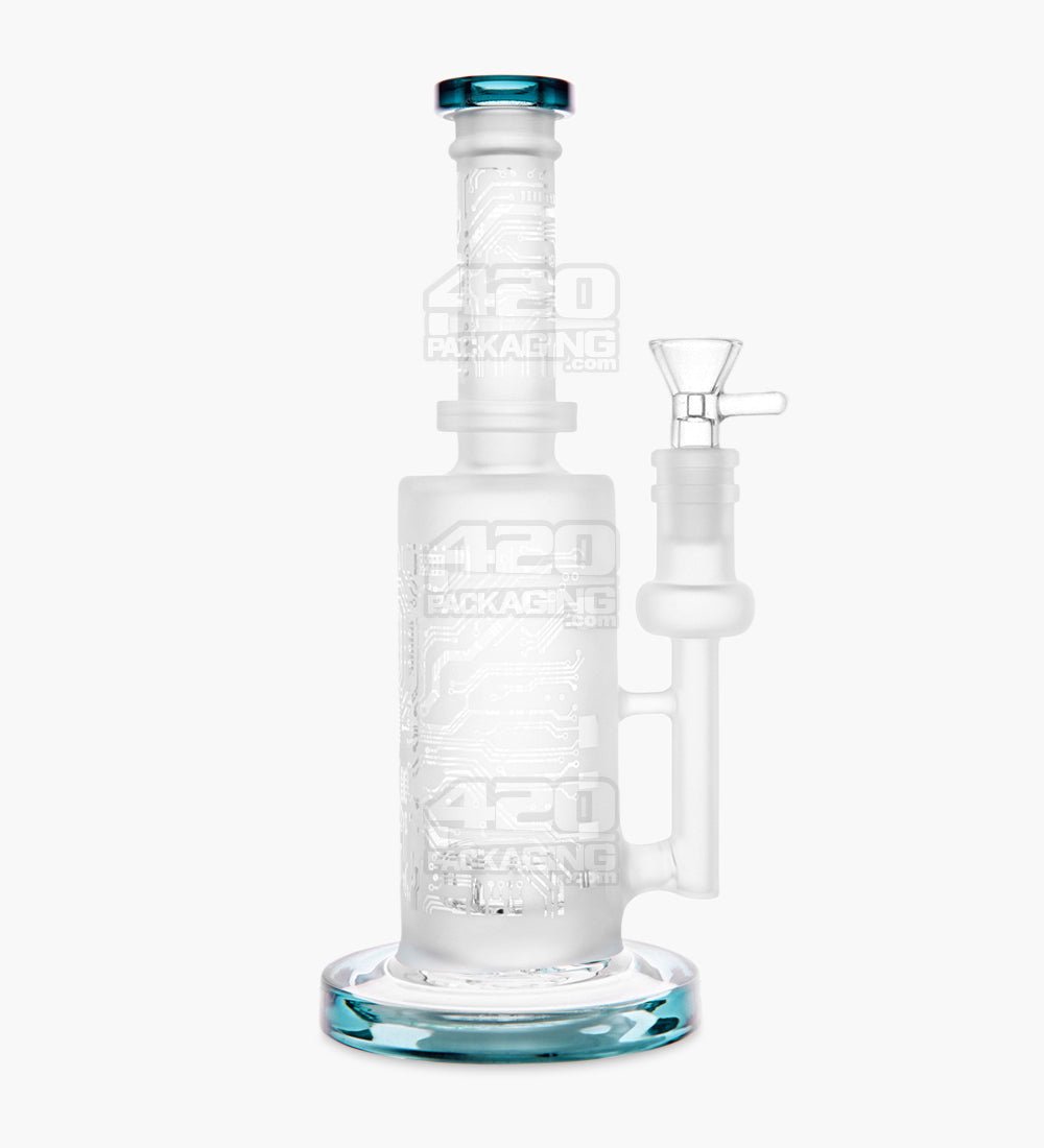 Straight Neck Sandblasted Circuitboard Glass Water Pipe w/ Showerhead Perc | 9.5in Tall - 14mm Bowl - Teal - 1
