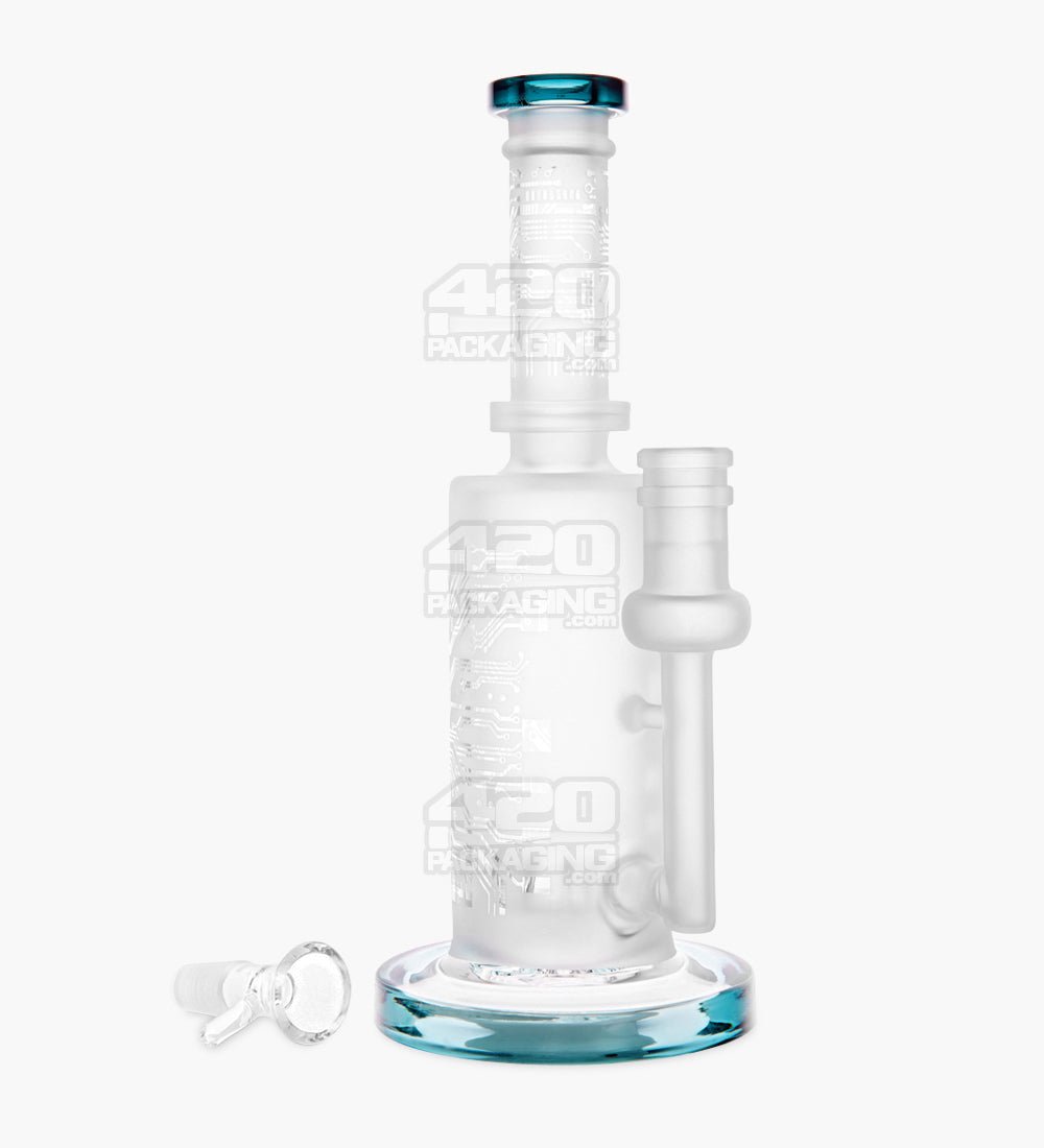 Straight Neck Sandblasted Circuitboard Glass Water Pipe w/ Showerhead Perc | 9.5in Tall - 14mm Bowl - Teal - 2