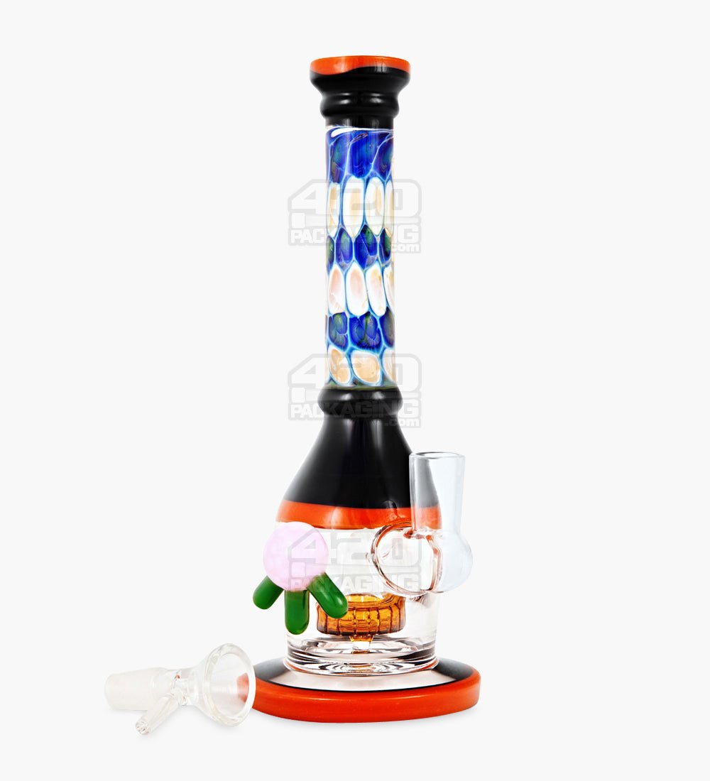 Straight Neck Dot Stack Showerhead Perc Painted Glass Water Pipe w/ Thick Base | 8.5in Tall - 14mm Bowl - Assorted - 2