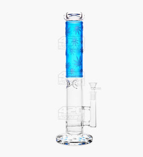 Straight Neck Leaf Decal Inline Perc Glass Water Pipe w/ Ice Catcher | 14in Tall - 14mm Bowl - Blue - 1