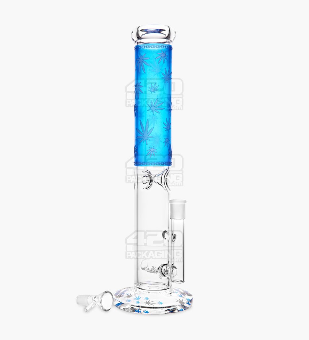 Straight Neck Leaf Decal Inline Perc Glass Water Pipe w/ Ice Catcher | 14in Tall - 14mm Bowl - Blue - 2