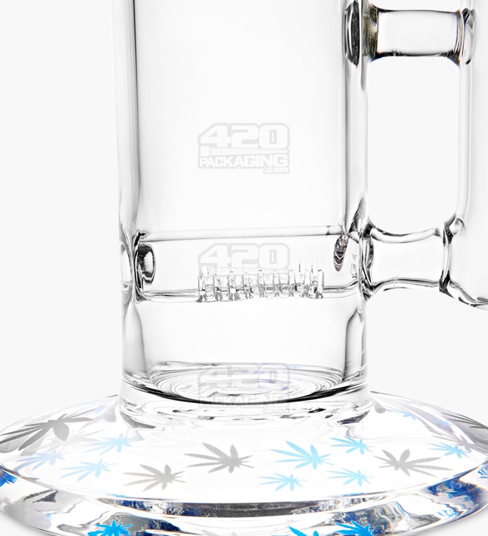 Straight Neck Leaf Decal Inline Perc Glass Water Pipe w/ Ice Catcher | 14in Tall - 14mm Bowl - Blue - 3