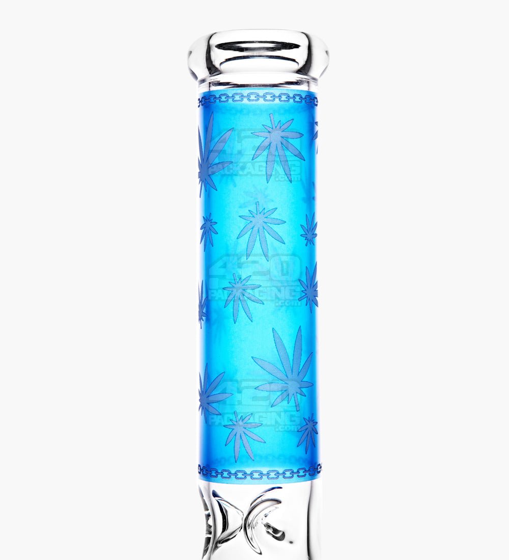 Straight Neck Leaf Decal Inline Perc Glass Water Pipe w/ Ice Catcher | 14in Tall - 14mm Bowl - Blue - 4