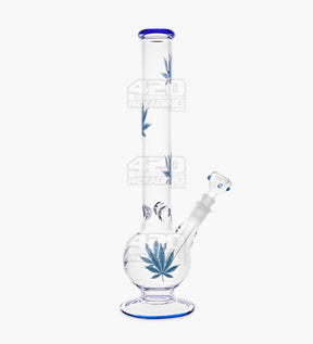 Straight Neck Glass Water Pipe w/ Bottom Leaf Decal | 14in Tall - 14mm Bowl - Blue - 1