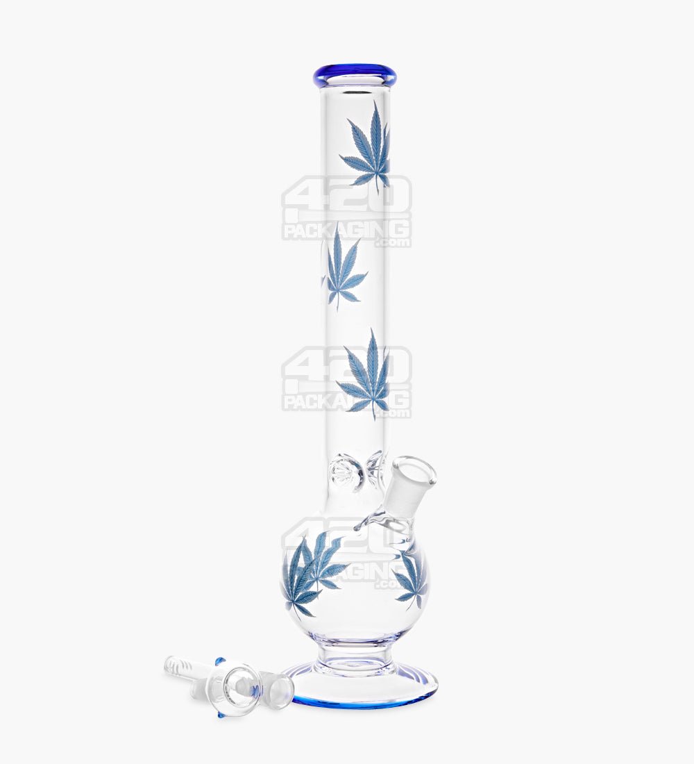 Straight Neck Glass Water Pipe w/ Bottom Leaf Decal | 14in Tall - 14mm Bowl - Blue - 2