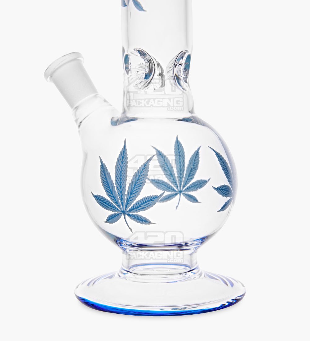 Straight Neck Glass Water Pipe w/ Bottom Leaf Decal | 14in Tall - 14mm Bowl - Blue - 3