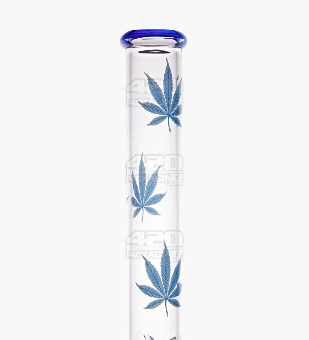 Straight Neck Glass Water Pipe w/ Bottom Leaf Decal | 14in Tall - 14mm Bowl - Blue - 4