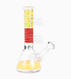 Floral Print Straight Neck Glass Beaker Water Pipe w/ Ice Catcher | 10.5in Tall - 14mm Bowl - Yellow - 1