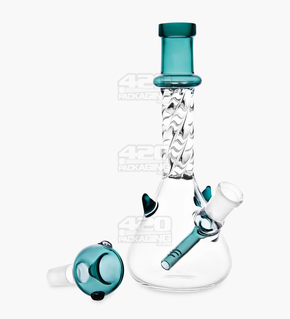 Spiral Neck Glass Beaker Water Pipe w/ Horns | 7in Tall - 14mm Bowl - Teal - 2