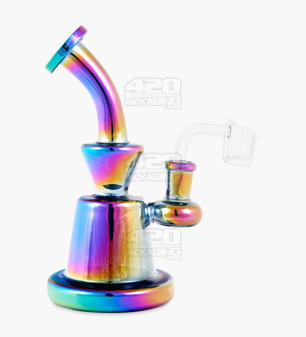 Bent Neck Iridescent Glass Beaker Dab Rig | 6in Tall - 14mm Banger - Rainbow - 1
