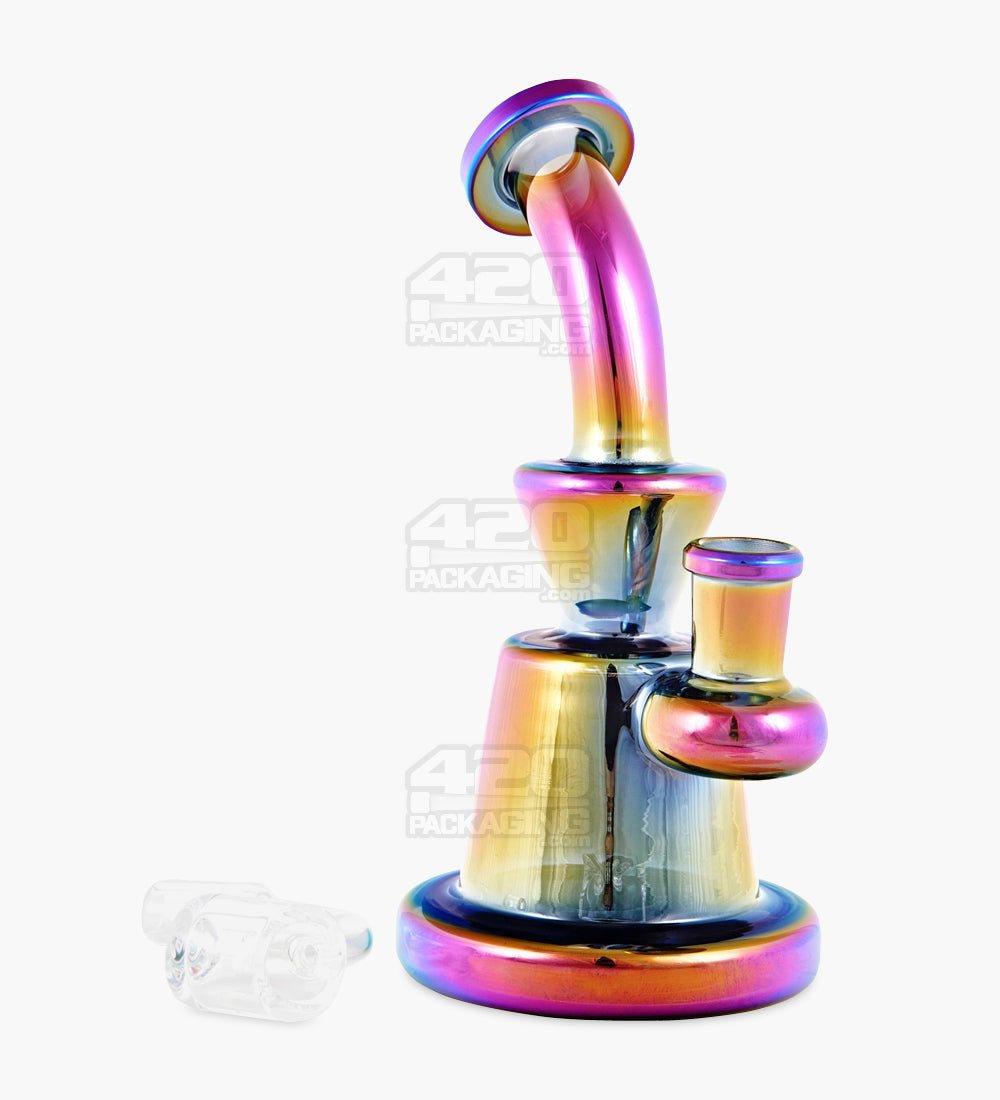 Bent Neck Iridescent Glass Beaker Dab Rig | 6in Tall - 14mm Banger - Rainbow - 2