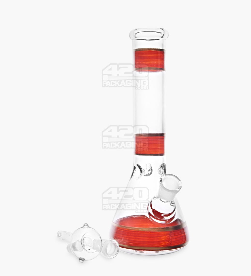 Straight Neck Glass Beaker Water Pipe w/ Painted Stripes | 10.5in Tall - 14mm Bowl - Red - 2