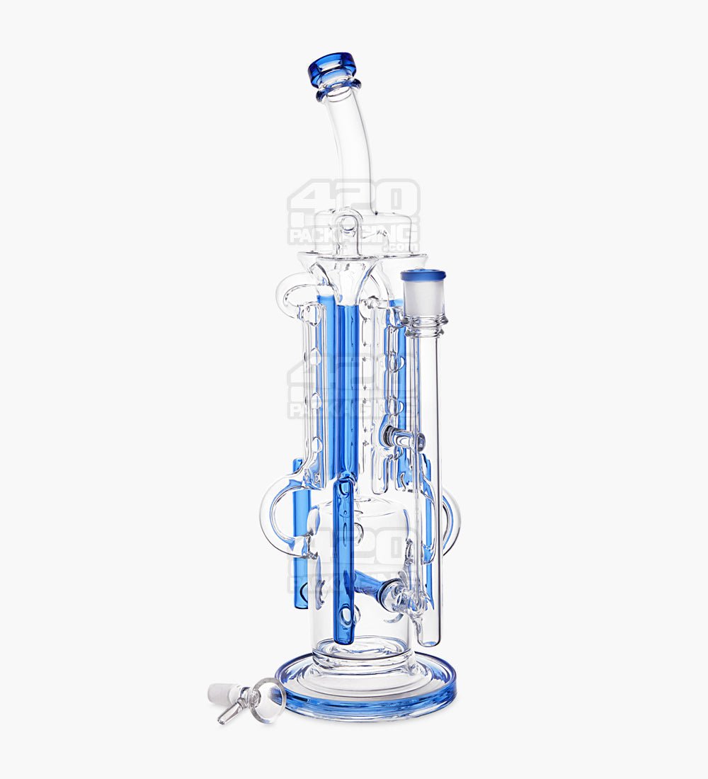 USA Glass Bent Neck Water Pipe w/ Six Recycler Inline Perc | 14.5in Tall - 14mm Bowl - Blue - 2