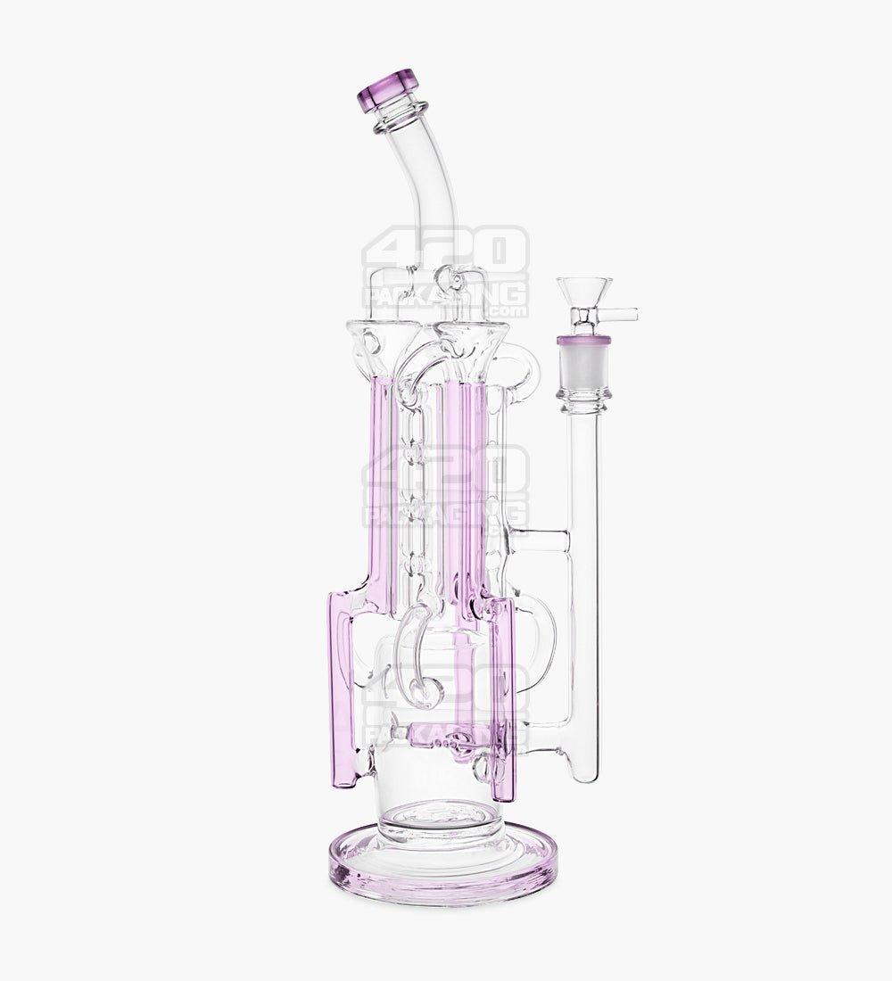 USA Glass Bent Neck Water Pipe w/ Six Recycler Inline Perc | 14.5in Tall - 14mm Bowl - Pink - 1