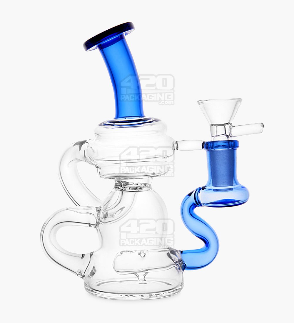 USA Glass Bent Neck Water Pipe w/ Mini Recycler Inline Perc | 6.5in Tall - 14mm Bowl - Blue - 1