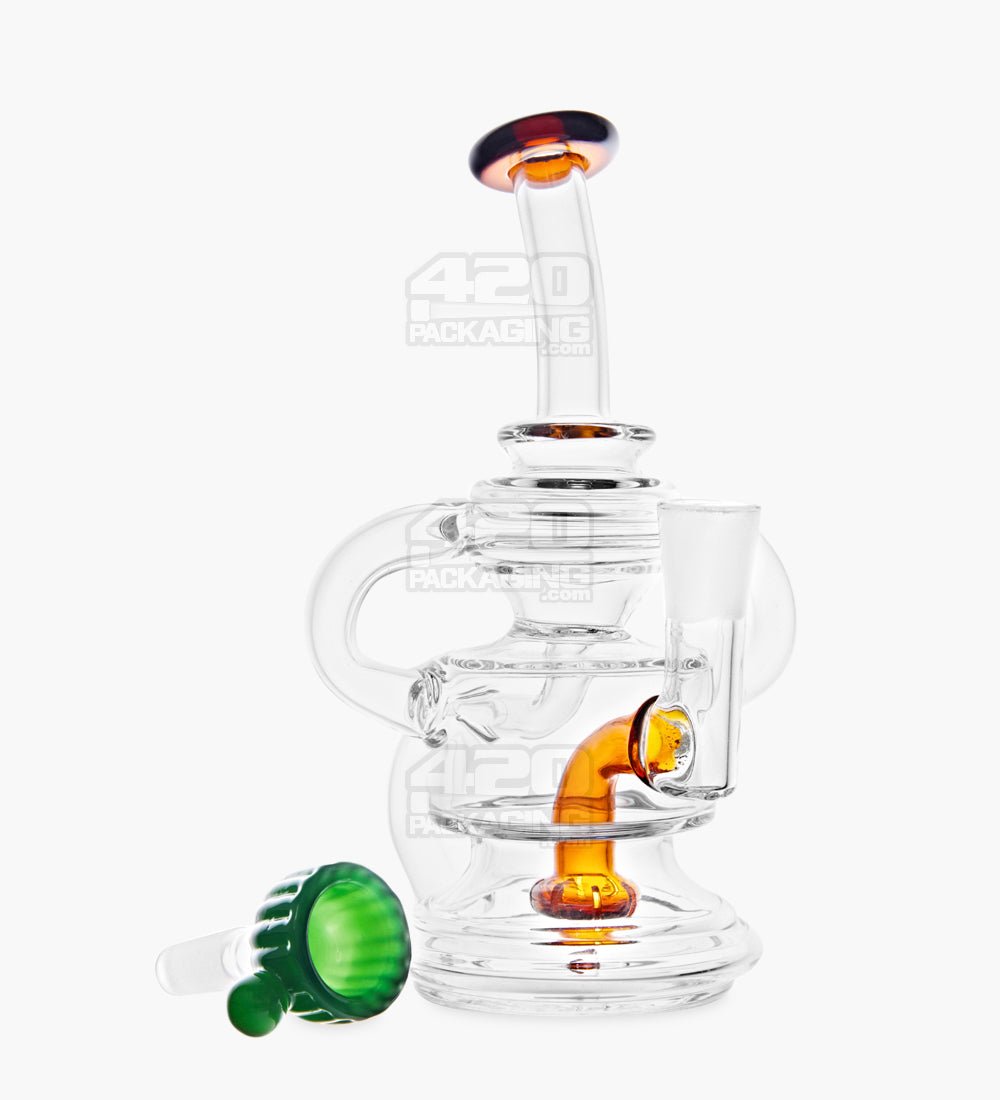 USA Glass Bent Neck Dual Uptake Water Pipe w/ Mini Recycler Showerhead Perc | 5.5in Tall - 10mm Bowl - Amber - 2