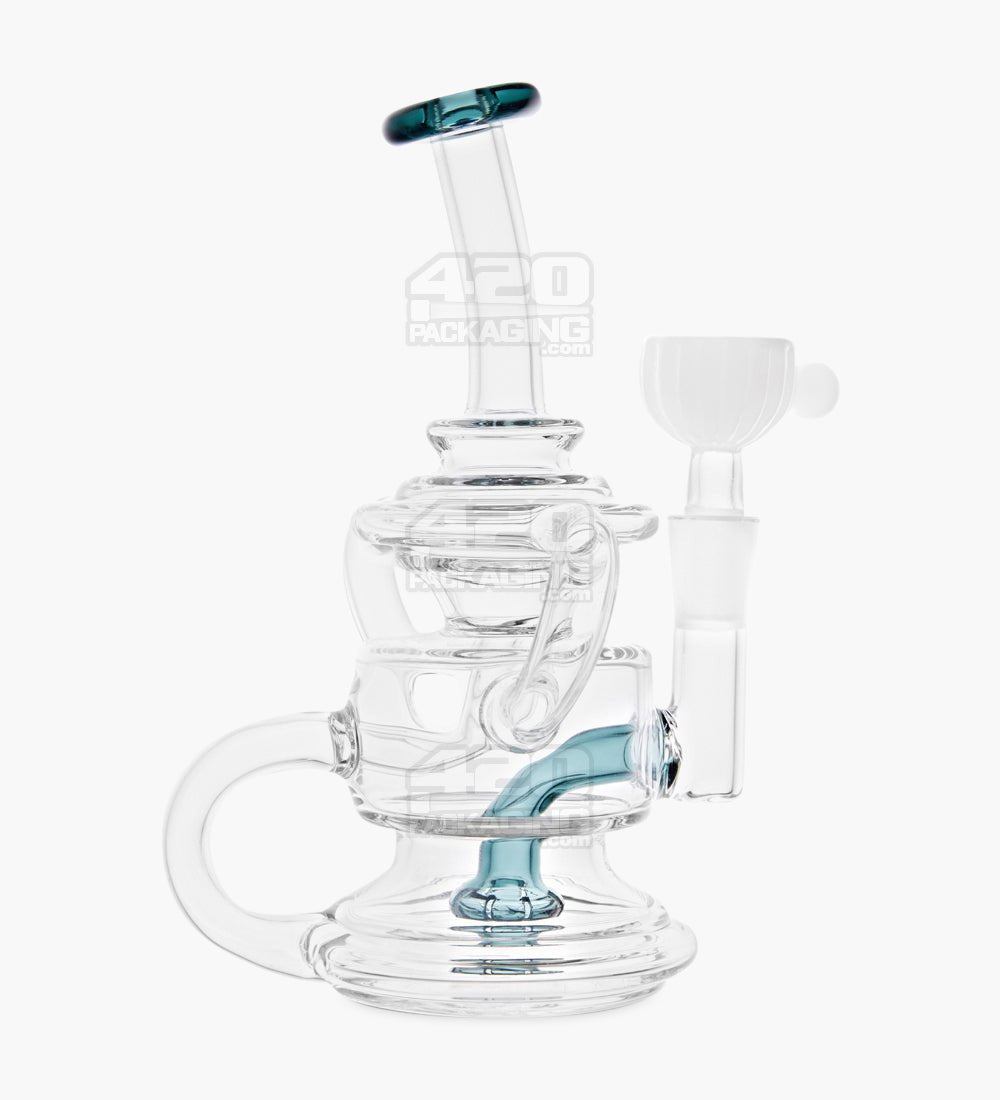 USA Glass Bent Neck Dual Uptake Water Pipe w/ Mini Recycler Showerhead Perc | 5.5in Tall - 10mm Bowl - Teal - 1