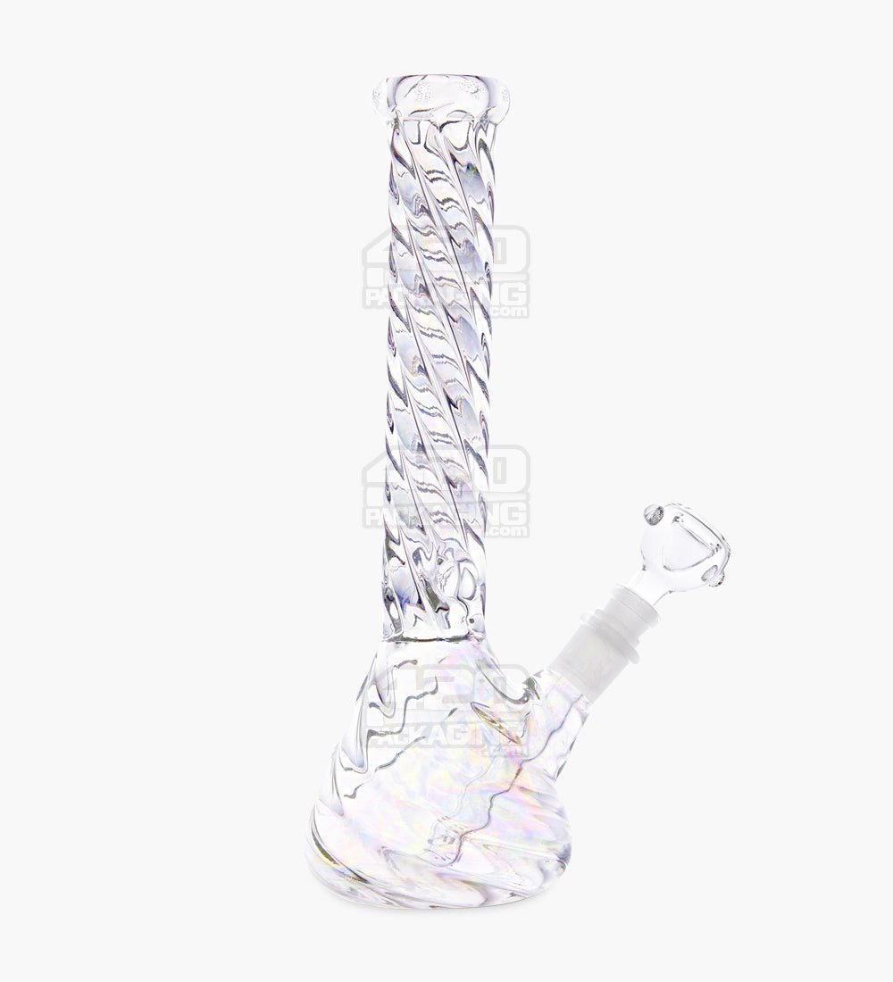 Straight Neck Iridescent Twisted Glass Beaker Water Pipe | 10.5in Tall - 14mm Bowl - Clear - 1