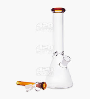 Straight Neck Color Lip Glass Beaker Water Pipe w/ Ice Catcher | 10.25in Tall - 14mm Bowl - Amber - 2