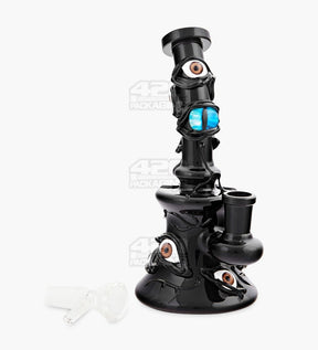 Bent Neck Demon Eyes Glass Beaker Water Pipe w/ Showerhead Perc | 7in Tall - 14mm Bowl - Black - 1