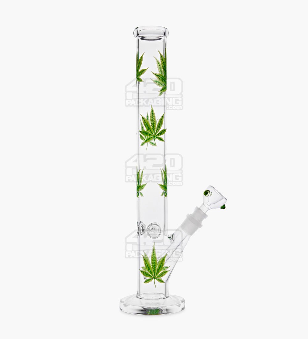 Straight Neck Leaf Decal Glass Straight Shooter Water Pipe w/ Ice Catcher | 14in Tall - 14mm Bowl - Green - 1