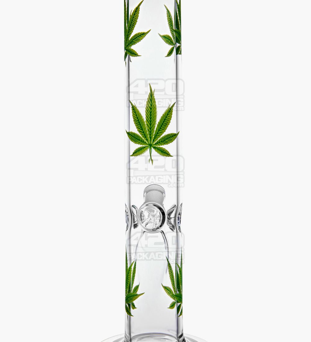 Straight Neck Leaf Decal Glass Straight Shooter Water Pipe w/ Ice Catcher | 14in Tall - 14mm Bowl - Green - 3