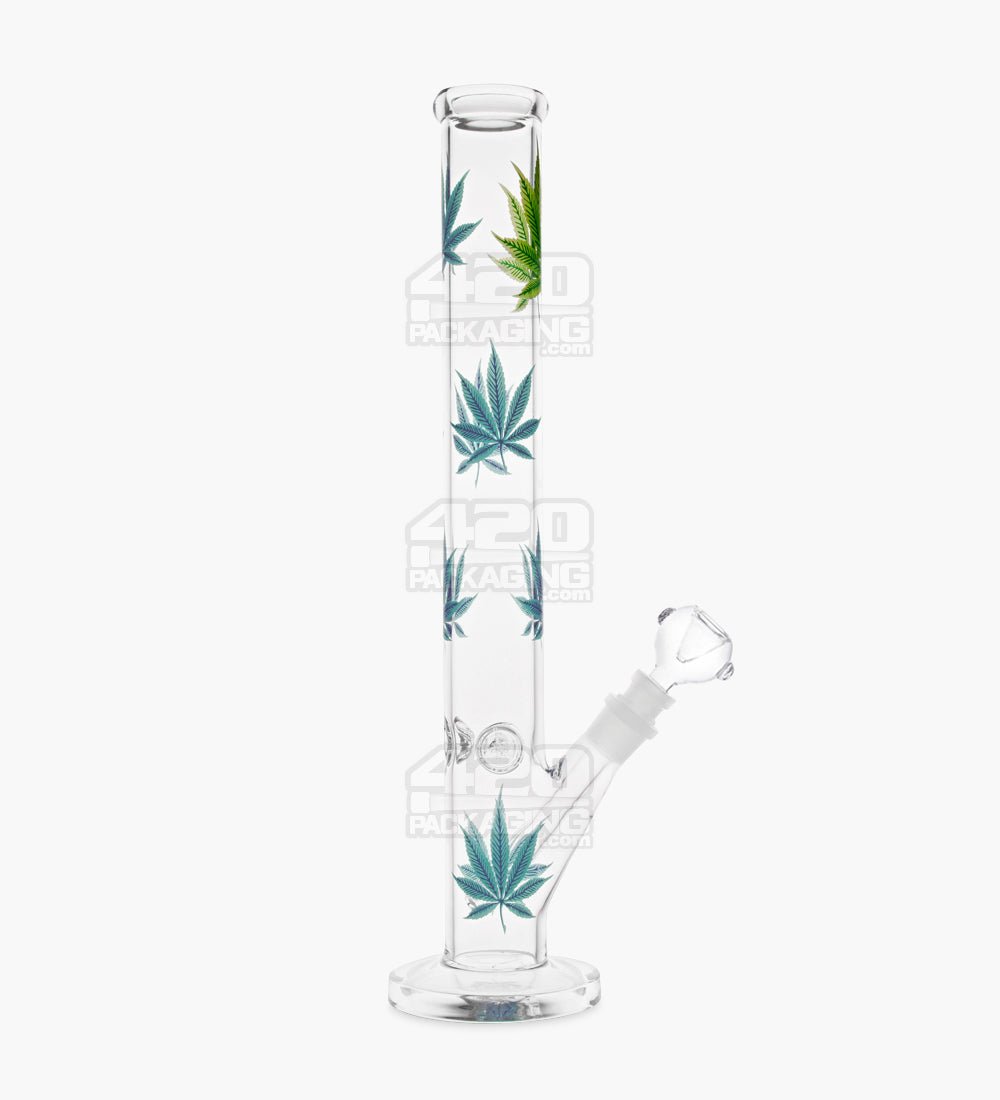 Straight Neck Leaf Decal Glass Straight Shooter Water Pipe w/ Ice Catcher | 14in Tall - 14mm Bowl - Assorted - 1