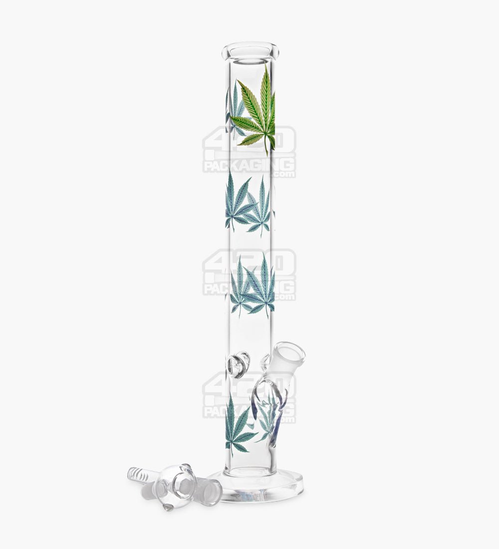Straight Neck Leaf Decal Glass Straight Shooter Water Pipe w/ Ice Catcher | 14in Tall - 14mm Bowl - Assorted - 2