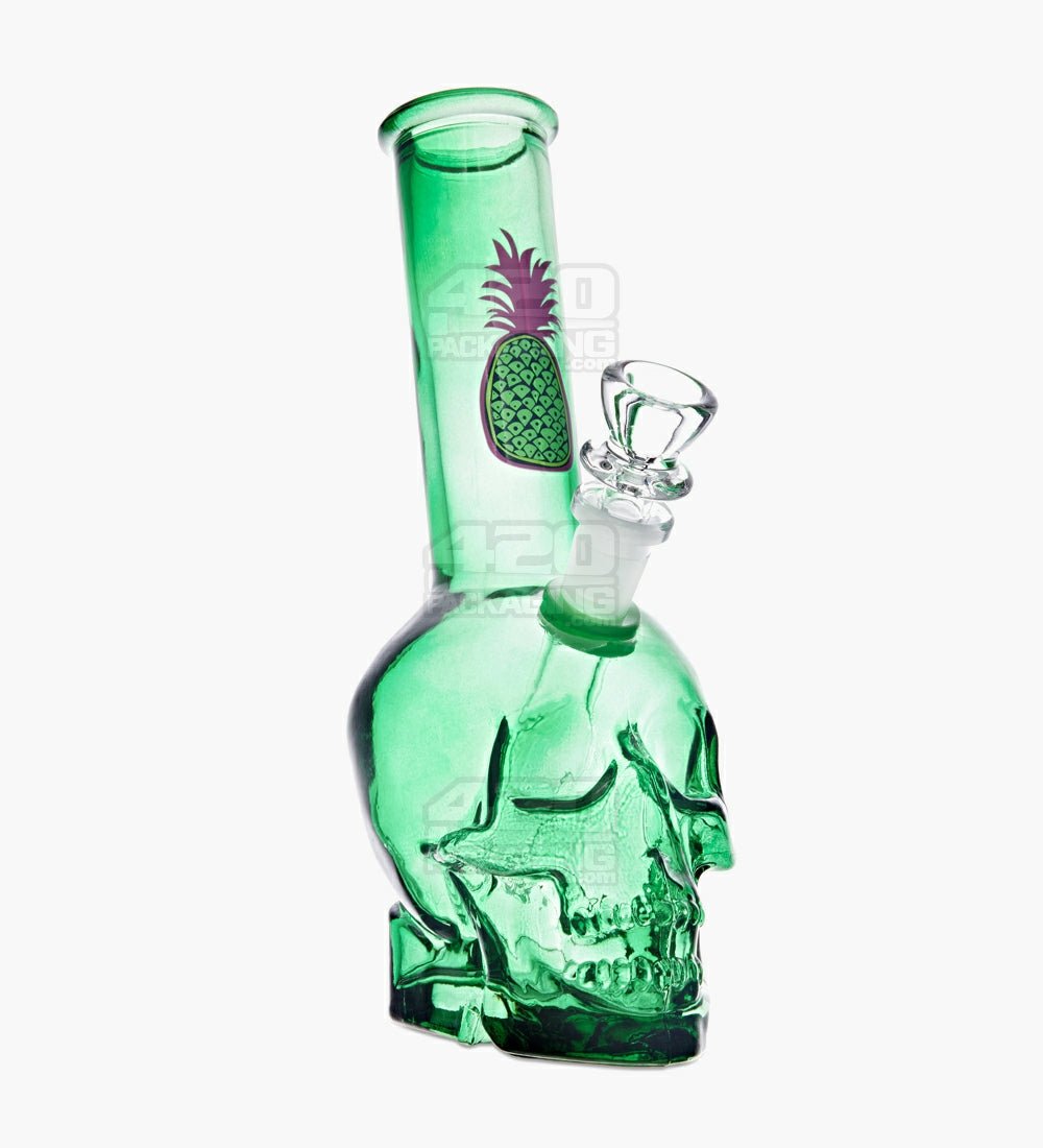 Angled Neck Crystal Skull Head Decal Glass Water Pipe | 9.5in Tall - Grommet Bowl - Assorted - 1