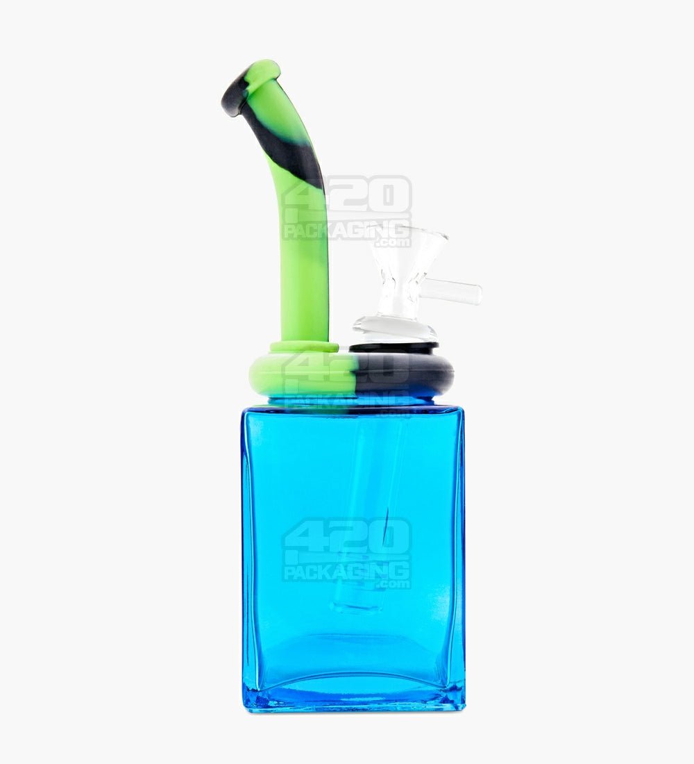 Bent Neck Gem Square Glass Water Pipe w/ Silicone Cover | 8in Tall - Glass/Silicone - Assorted - 1