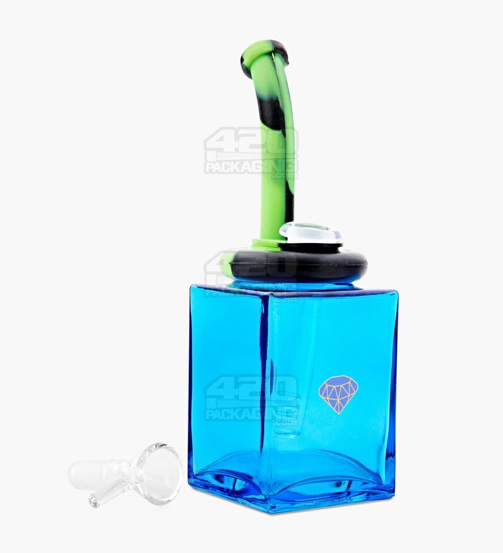 Bent Neck Gem Square Glass Water Pipe w/ Silicone Cover | 8in Tall - Glass/Silicone - Assorted - 2