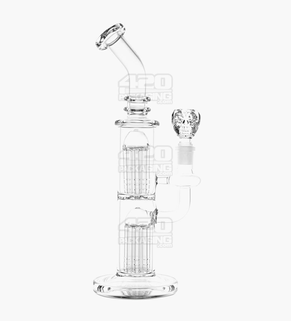 USA Glass | Bent Neck Double Tree Perc Water Pipe w/ Honeycomb Face Bowl | 10.5in Tall - 14mm Bowl - Clear