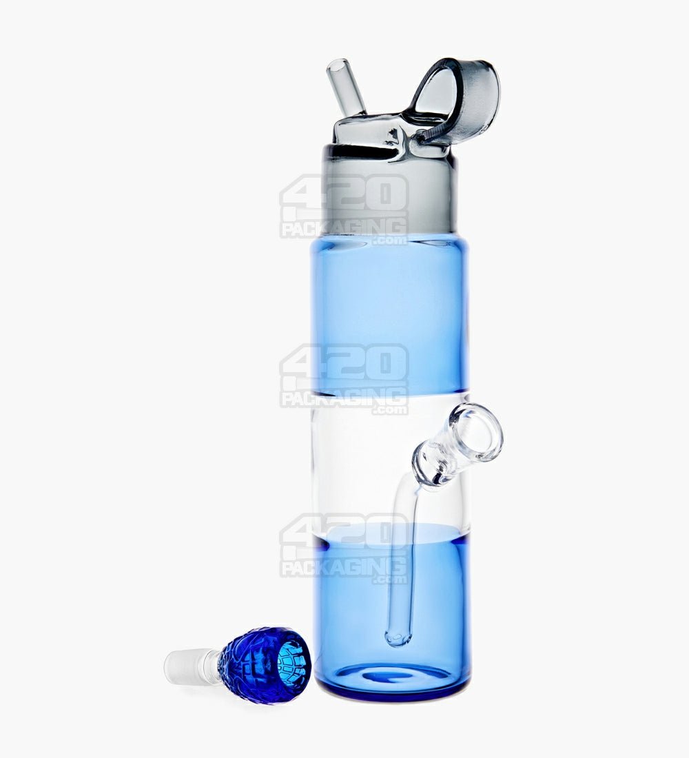 USA Glass | Water Bottle Flask Style Water Pipe | 9.5in Tall - 14mm Bowl - Blue - 2