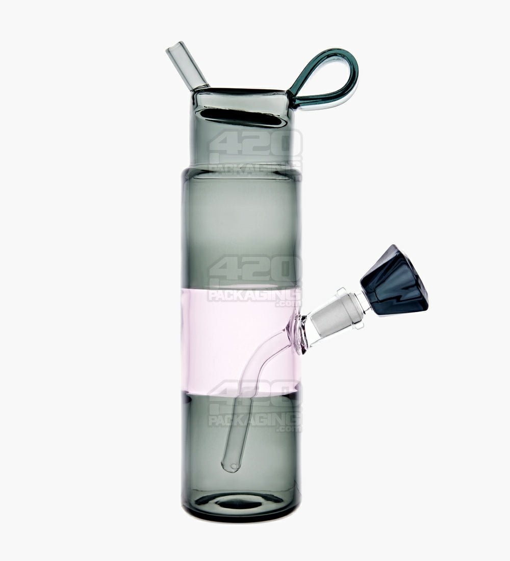 USA Glass | Water Bottle Flask Style Water Pipe | 9.5in Tall - 14mm Bowl - Smoke/Pink - 1