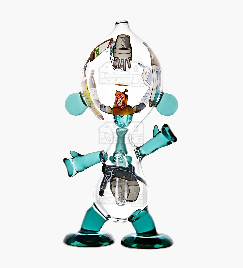 Dewdrop Boy Munny Style Glass Water Pipe W/ Decals | 8in Tall - 14mm Bowl - Teal - 1