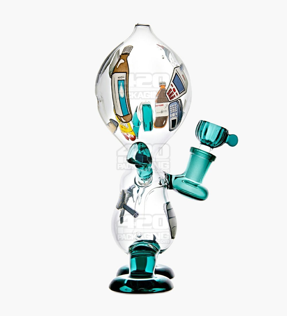 Dewdrop Boy Munny Style Glass Water Pipe W/ Decals | 8in Tall - 14mm Bowl - Teal - 2