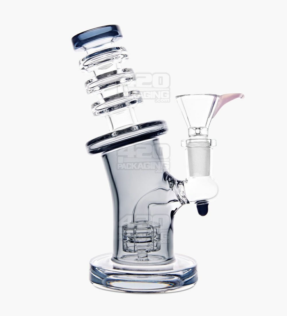 Bent Neck Ringed Triple Glass Water Pipe w/ Thick Base | 6.5in Tall - 14mm Bowl - Smoke - 1