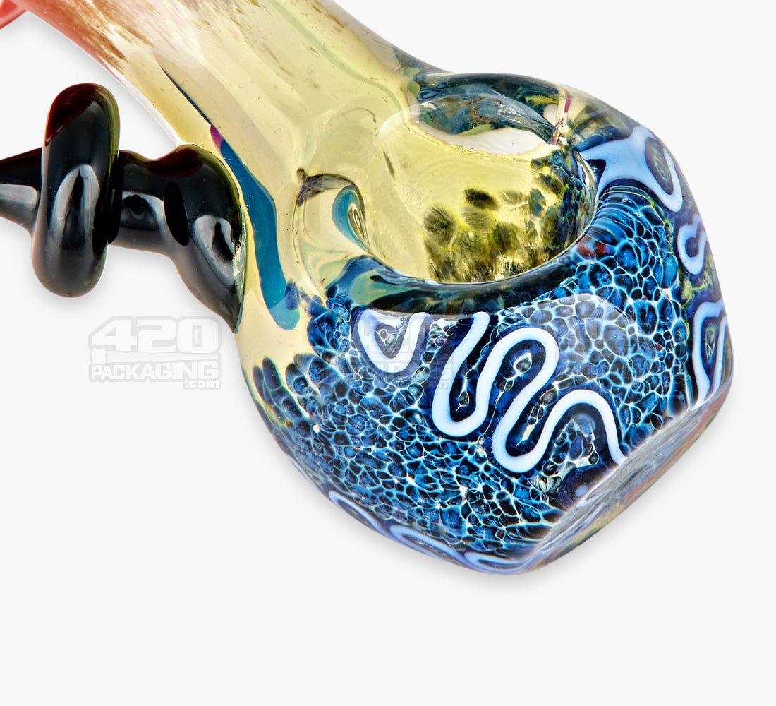 Frit & Multi Fumed Mushroom Hand Pipe w/ Ribboning & Glass Handle | 4in Long - Glass - Assorted - 5