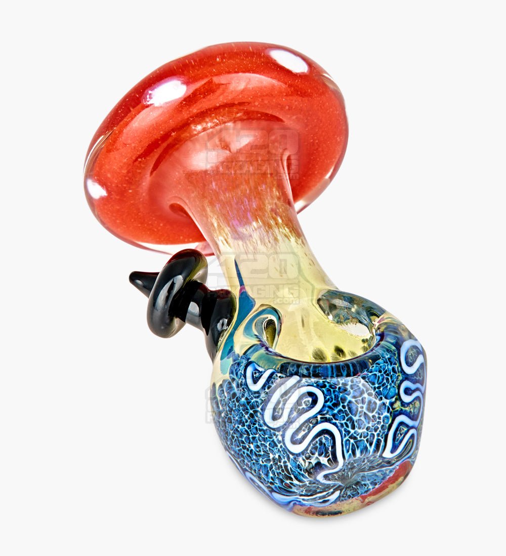 Frit & Multi Fumed Mushroom Hand Pipe w/ Ribboning & Glass Handle | 4in Long - Glass - Assorted - 1