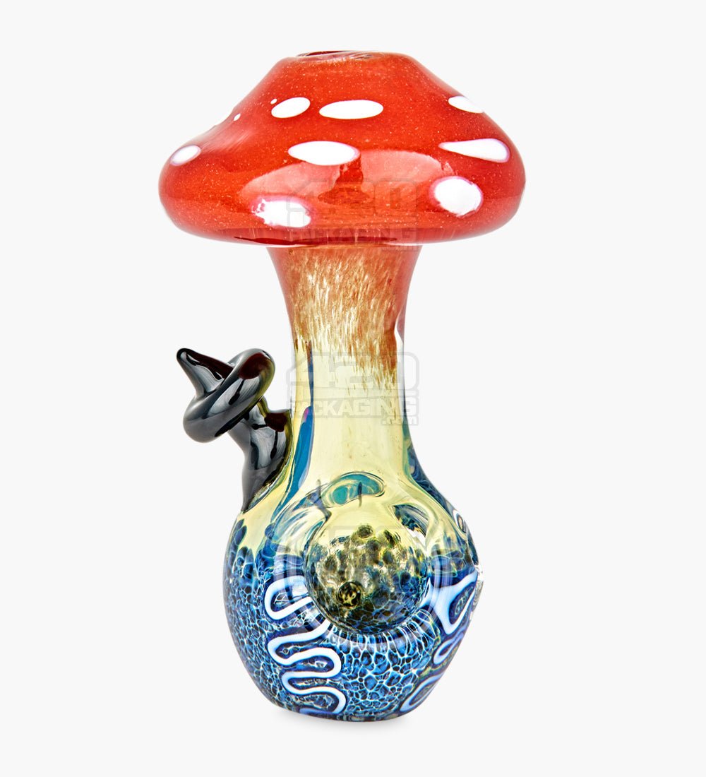 Frit & Multi Fumed Mushroom Hand Pipe w/ Ribboning & Glass Handle | 4in Long - Glass - Assorted - 2