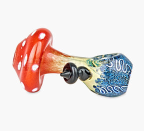 Frit & Multi Fumed Mushroom Hand Pipe w/ Ribboning & Glass Handle | 4in Long - Glass - Assorted - 3