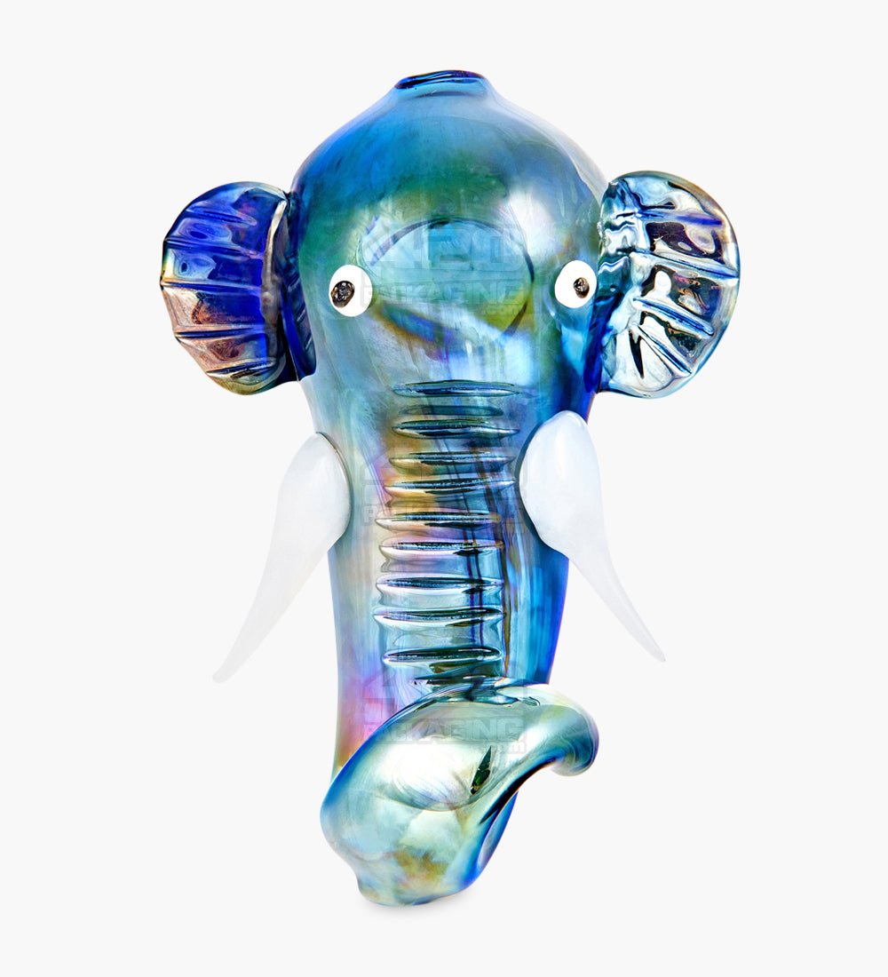 Metallic Coated Elephant Head Hand Pipe | 5in Long - Glass - Iridescent Blue - 8