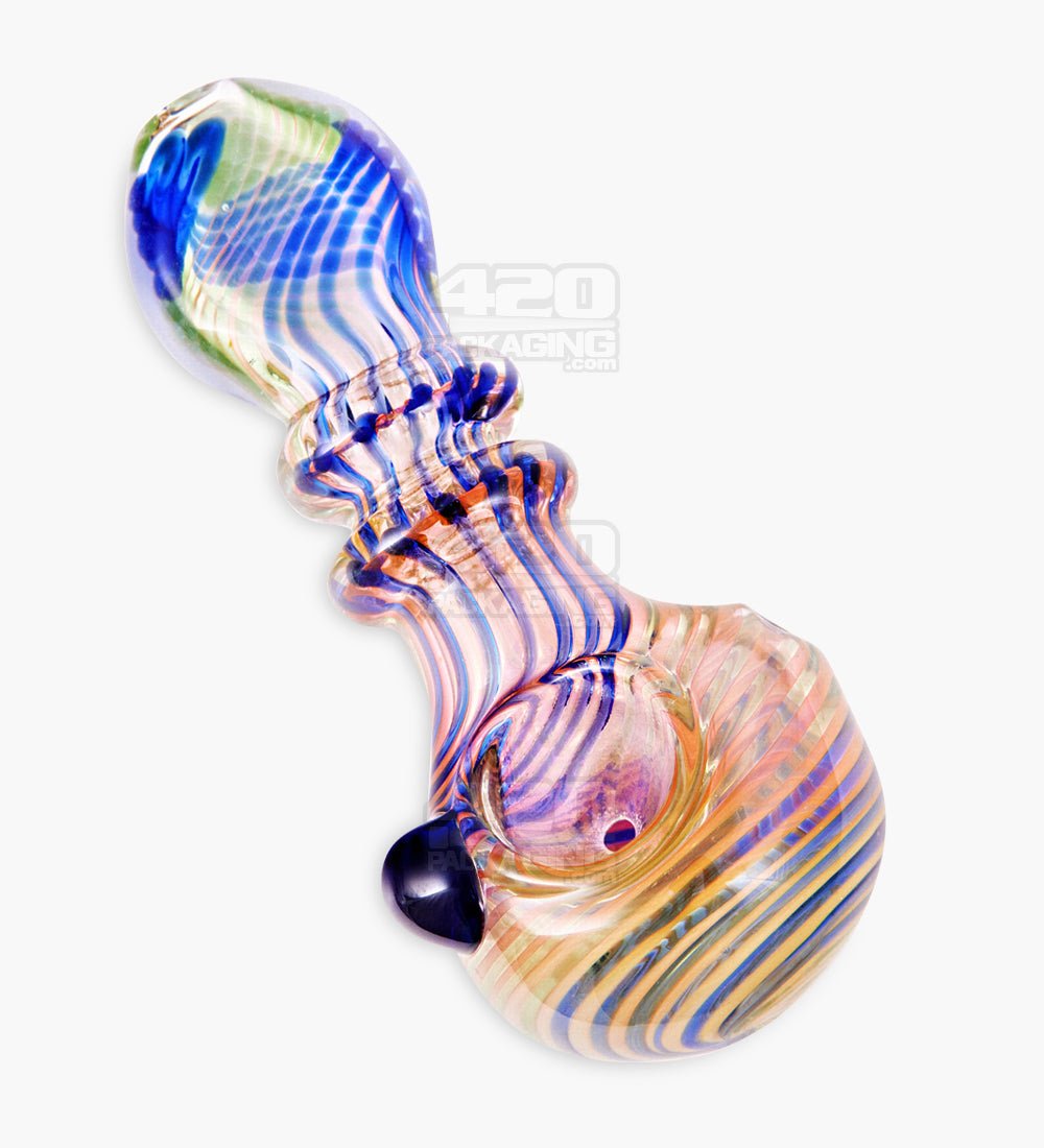 Flat Mouth Swirl & Gold Fumed Double Ringed Spoon Hand Pipe w/ Knocker | 5in Long - Glass - Assorted - 1