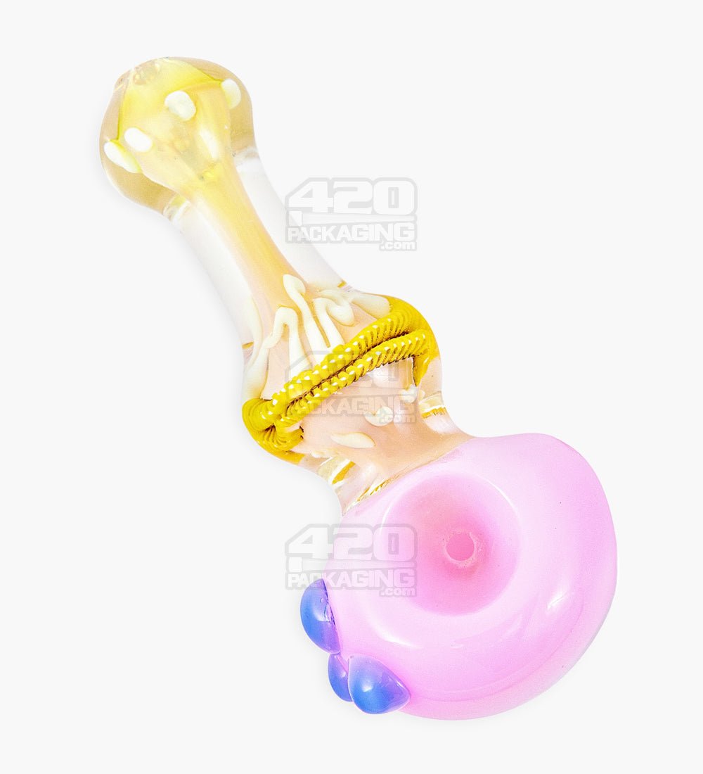 Ribboned & Fumed Color Bowl Spoon Hand Pipe w/ Triple Knockers | 5in Long - Glass - Assorted - 5