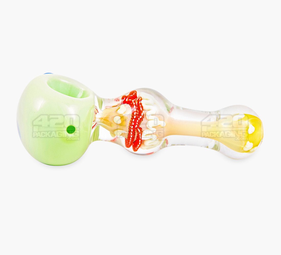 Ribboned & Fumed Color Bowl Spoon Hand Pipe w/ Triple Knockers | 5in Long - Glass - Assorted - 2