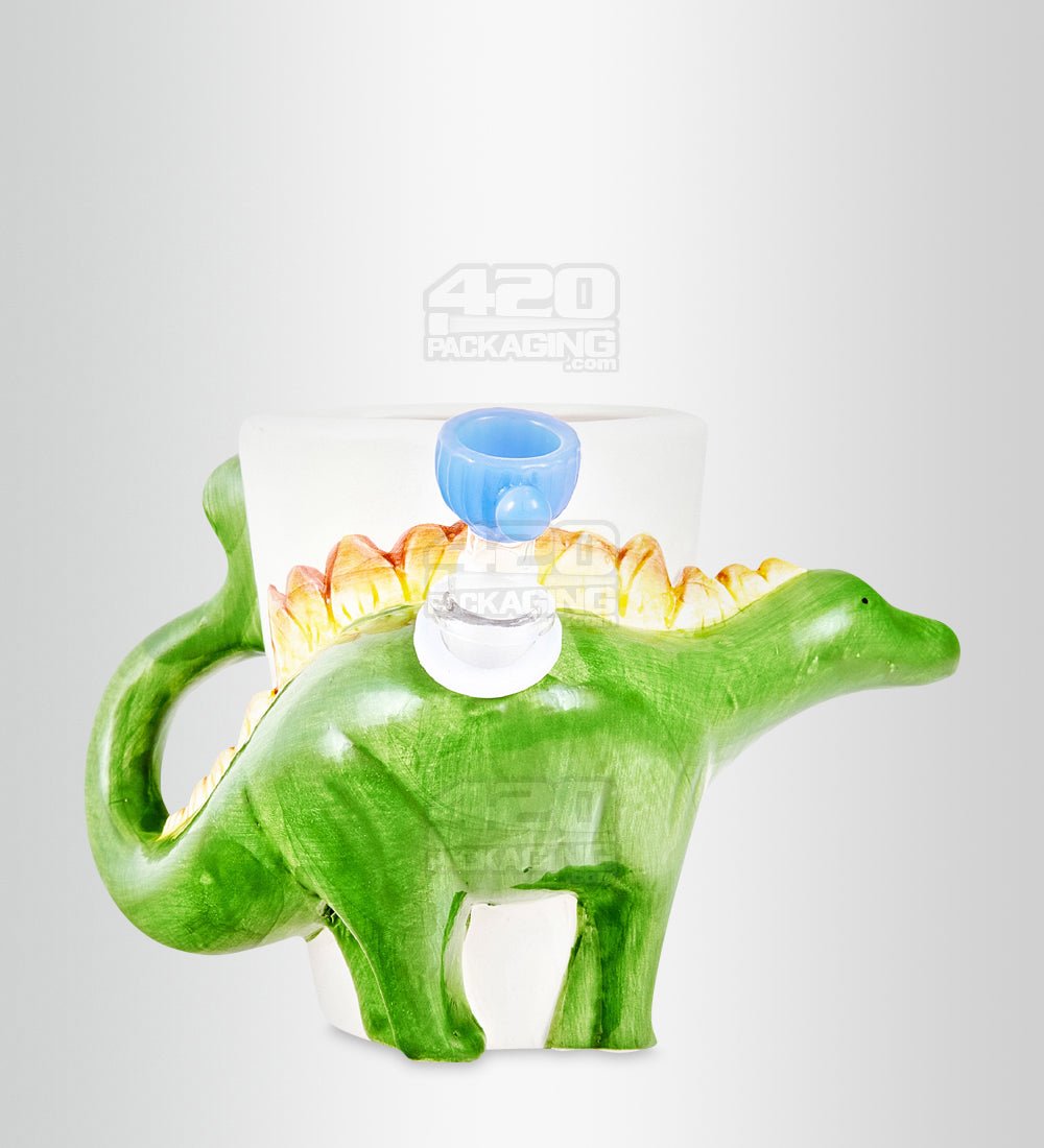 Dinosaur Mug Painted Ceramic Pipe | 5in Tall - Glass Bowl - Green - 1