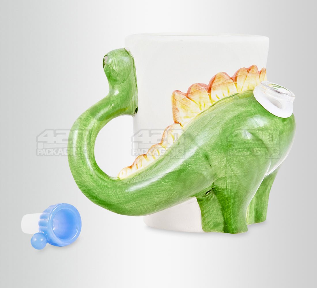 Dinosaur Mug Painted Ceramic Pipe | 5in Tall - Glass Bowl - Green - 2