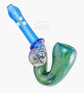 Color Pull Sherlock Hand Pipe w/ Implosion Marble & Triple Knockers | 5.5in Long - Glass - Blue - 1