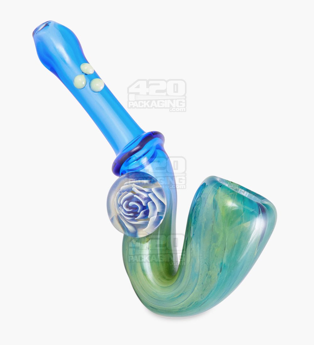 Color Pull Sherlock Hand Pipe w/ Implosion Marble & Triple Knockers | 5.5in Long - Glass - Blue - 5