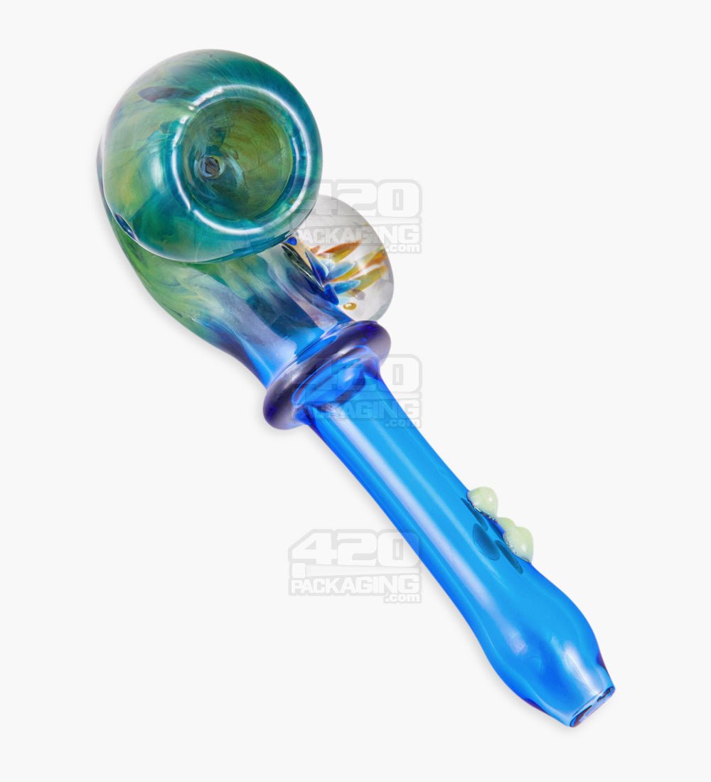 Color Pull Sherlock Hand Pipe w/ Implosion Marble & Triple Knockers | 5.5in Long - Glass - Blue - 2